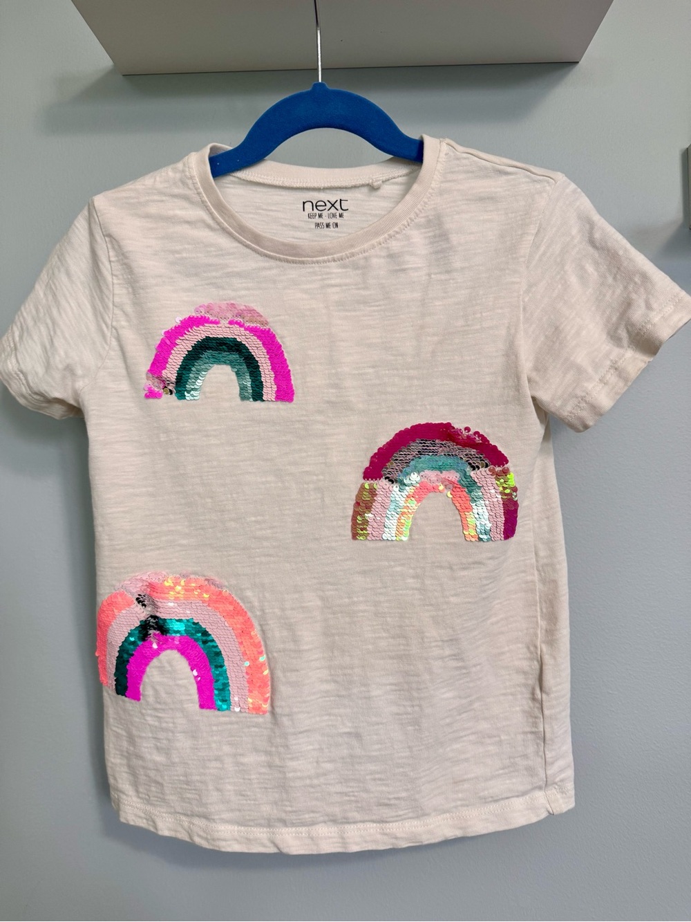 Next UK White Tee with Multicolor Sequin Rainbows Sz 5-6